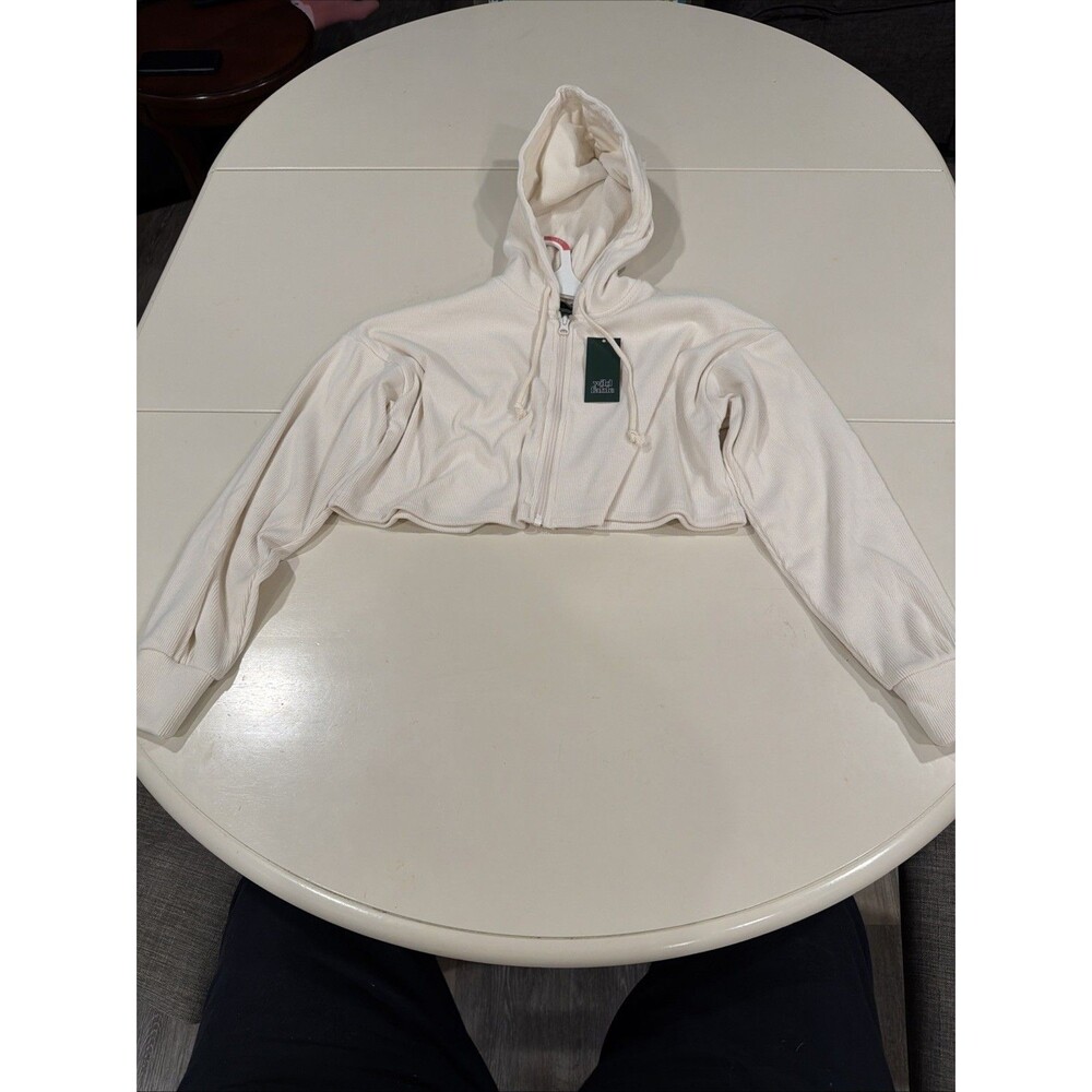 Wild Fable Ribbed Oversized Cream Zip Cropped Hooded Hoodie Sweatshirt 2XS